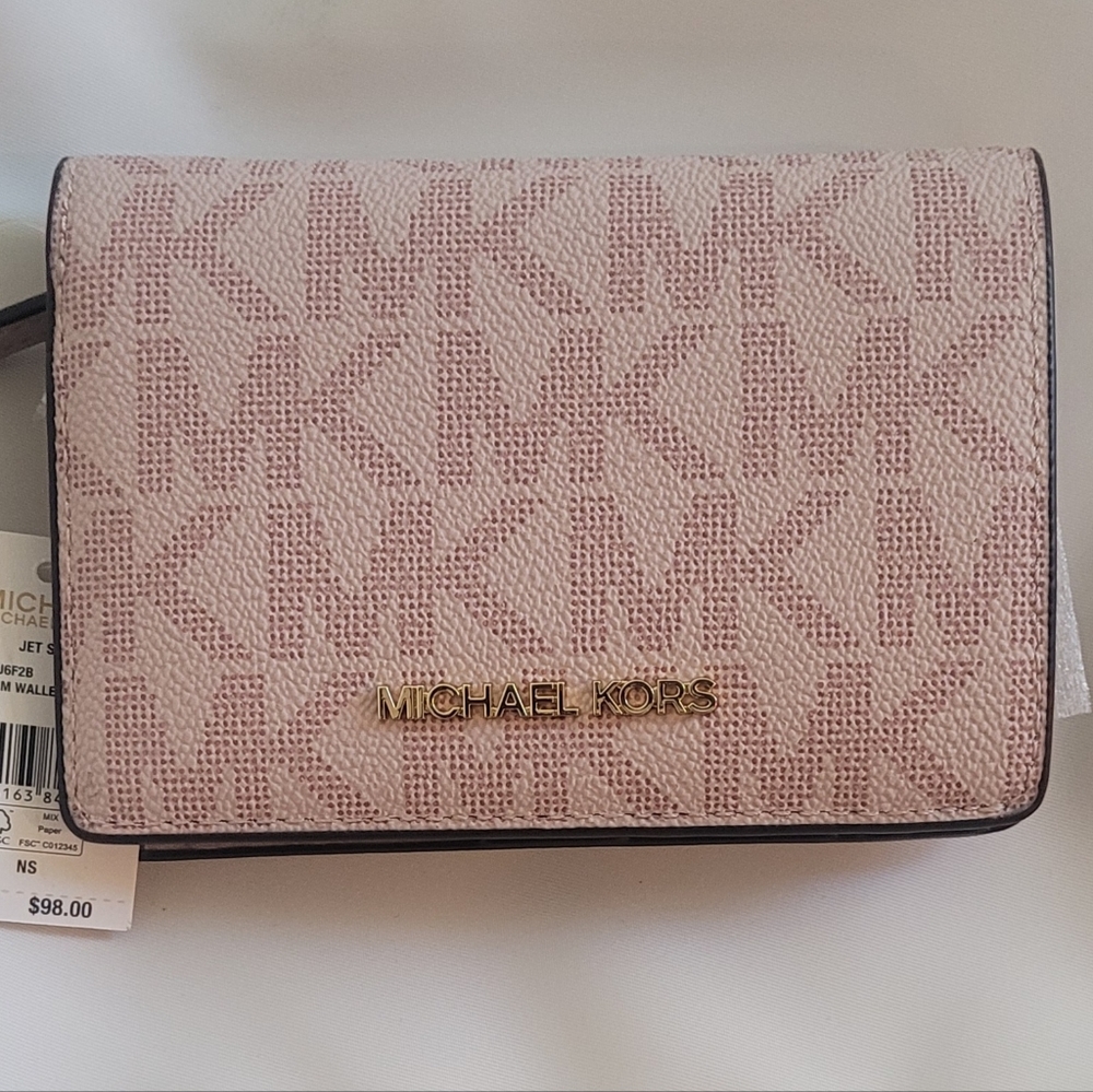 MICHAEL KORS Jet Set Charm Medium Leather Wallet Pink and Gold